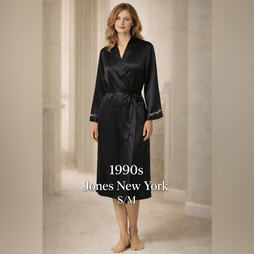 Vintage 1990s Jones New York Black Satin Wrap Robe S/M